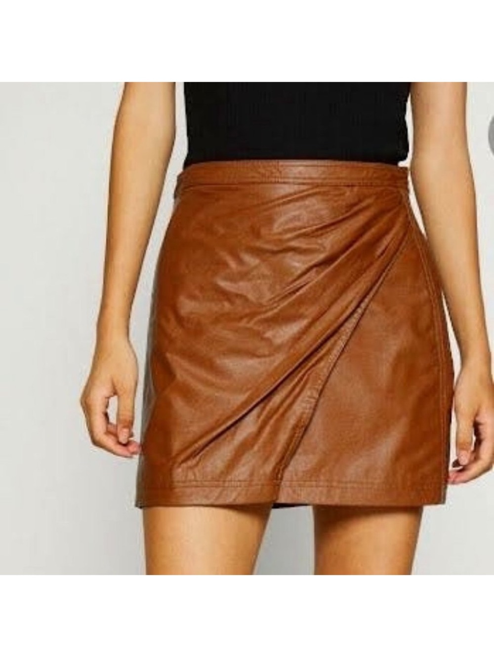 Free People Cognac Faux Leather Wrap Mini Skirt